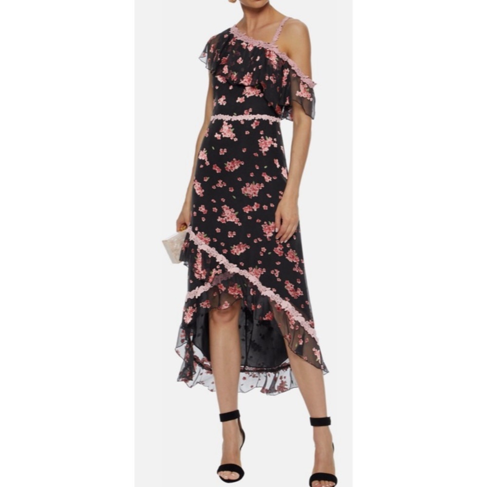 Alice + Olivia Floral Ruffle Asymmetric Midi Dress – Size 4
